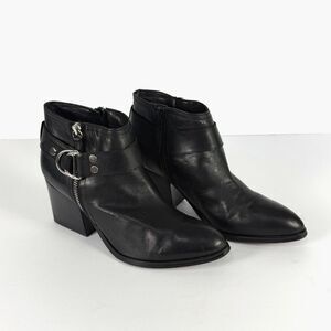 Marc Fisher Vanqar Black Leather Ankle Boots Buckle Zip Block Heel 9